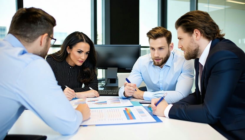 A group of male and female professionals reviewing worker assessments in a conference room