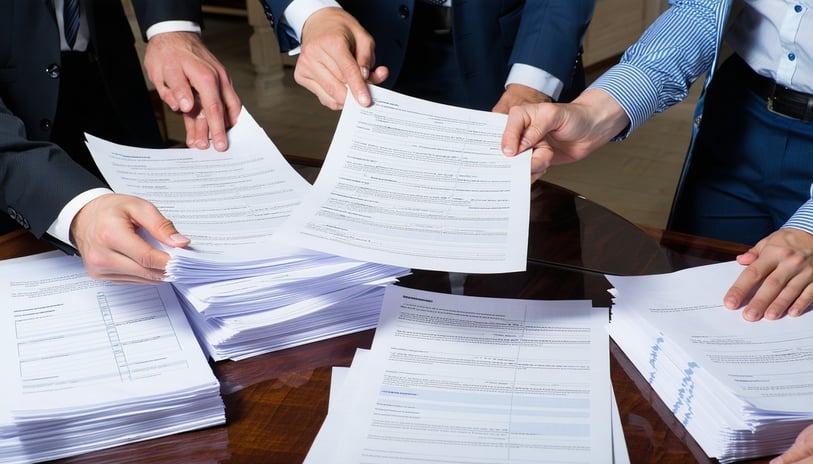 A group of professional managers surrounded by stacks of detailed documents about their employees they are reviewing-1