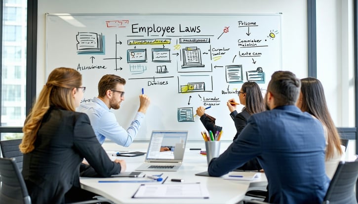 A small group of professionals in a board room writing about employee laws on a whiteboard-1