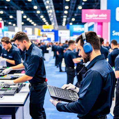 Event production team managing stage setup with lighting and sound equipment, coordinating schedules using a digital shift management system