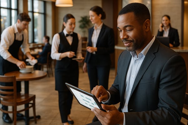 The image depicts a bustling hospitality setting such as a hotel lobby or restaurant showcasing a diverse team of staff members engaged in various roles In the foreground a manager is seen using a digital tablet or scheduling software to coordinate s-1