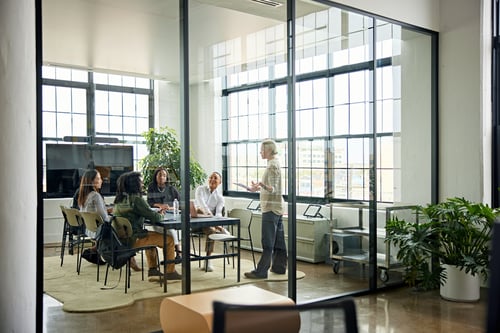 Business meeting in glass walled conference room