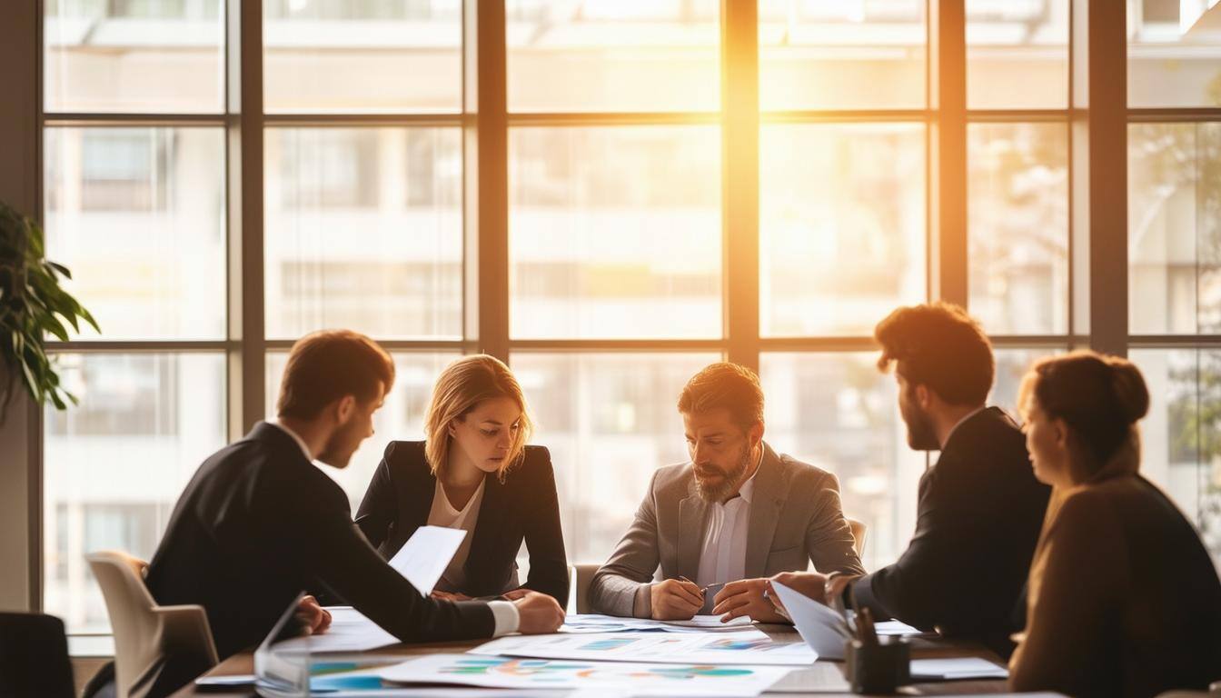group of professionals gathered around a conference table, intently discussing evolving regulations with charts and documents spread before them, illu-1